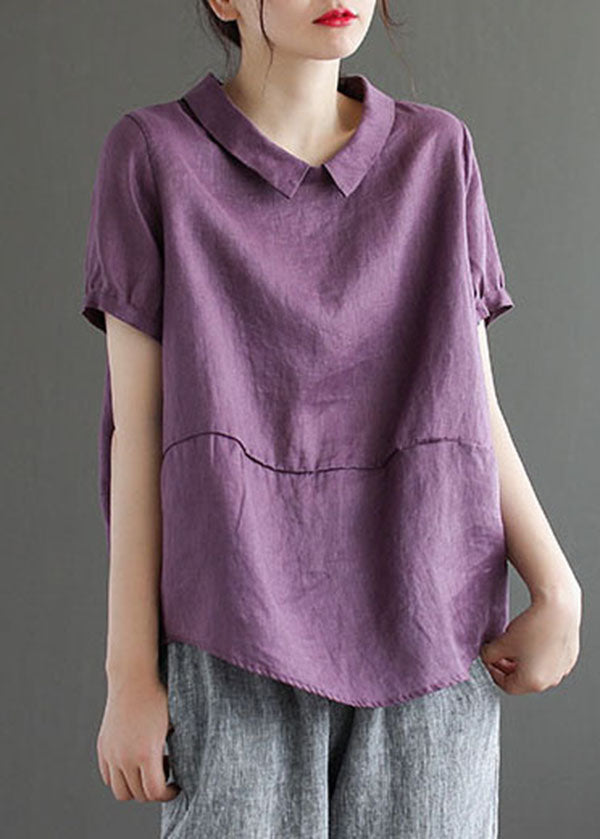 Unique Purple Peter Pan Collar Patchwork Linen T Shirts Summer