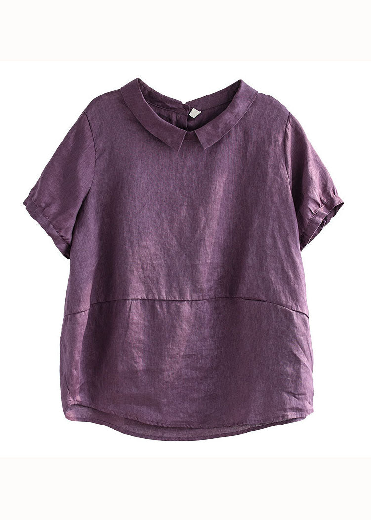 Unique Purple Peter Pan Collar Patchwork Linen T Shirts Summer