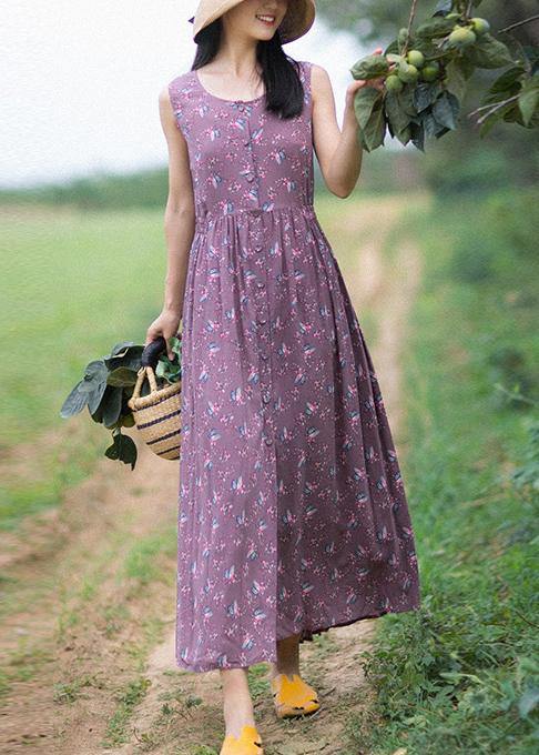 Unique Purple Print Dresses O-Neck Button Summer Sleeveless Dress - Omychic