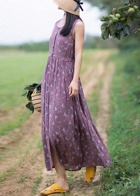 Unique Purple Print Dresses O-Neck Button Summer Sleeveless Dress - Omychic