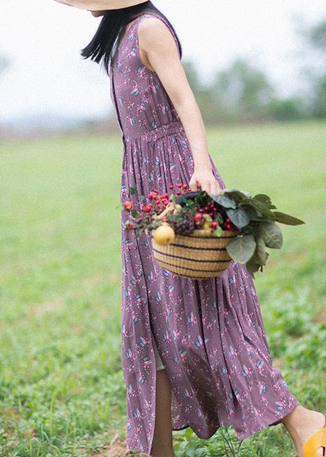 Unique Purple Print Dresses O-Neck Button Summer Sleeveless Dress - Omychic