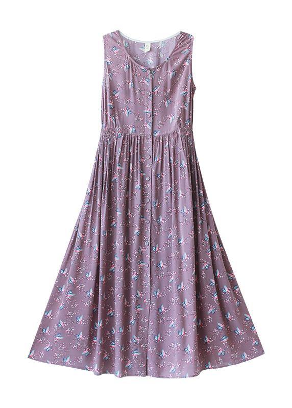 Unique Purple Print Dresses O-Neck Button Summer Sleeveless Dress - Omychic