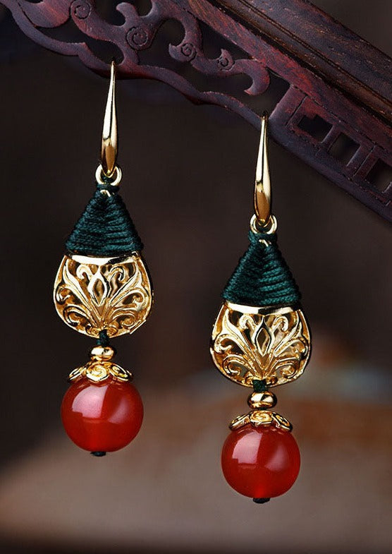 Unique Red Agate Droplet Shape 14K Gold Drop Earrings