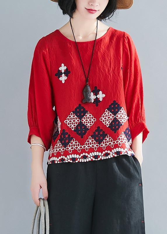 Unique Red Embroideried O-Neck Cotton Linen Summer Tops - Omychic