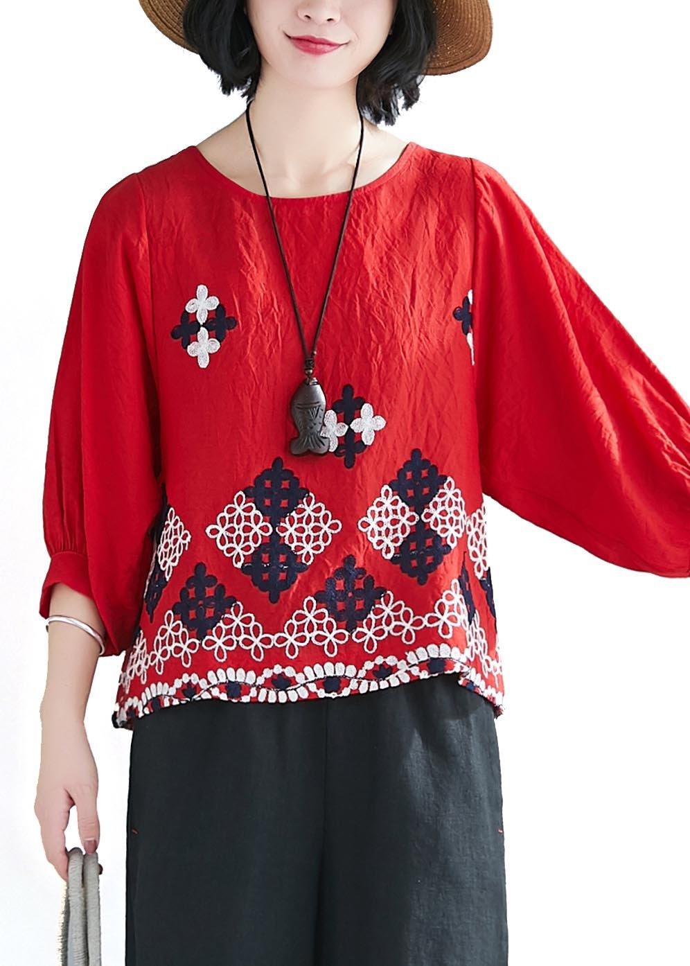 Unique Red Embroideried O-Neck Cotton Linen Summer Tops - Omychic