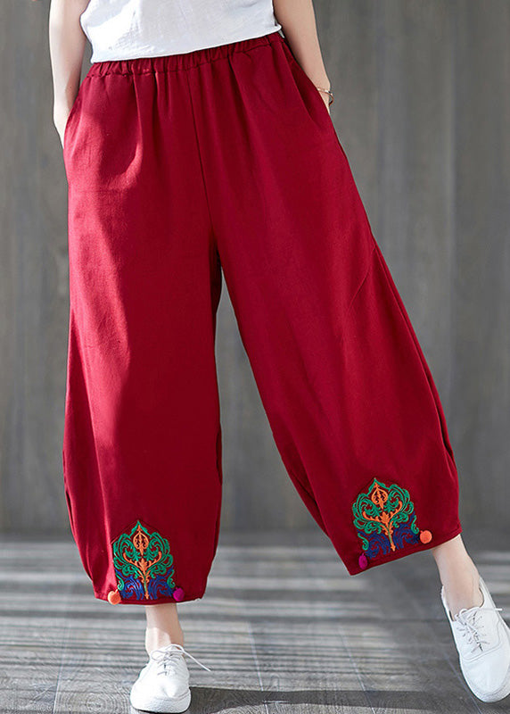 Unique Red Embroideried Wide Leg Pants Summer