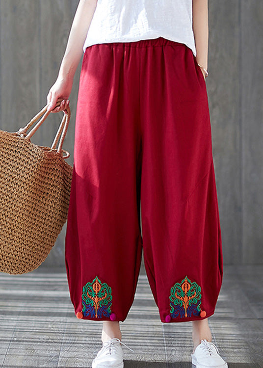 Unique Red Embroideried Wide Leg Pants Summer