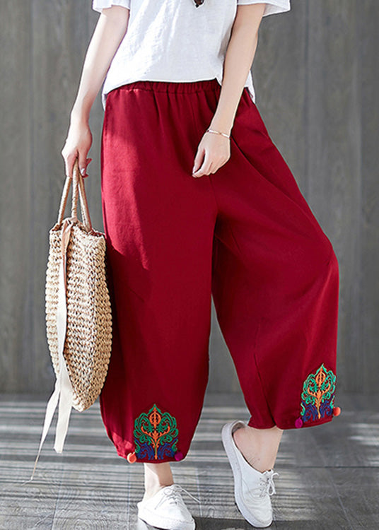 Unique Red Embroideried Wide Leg Pants Summer