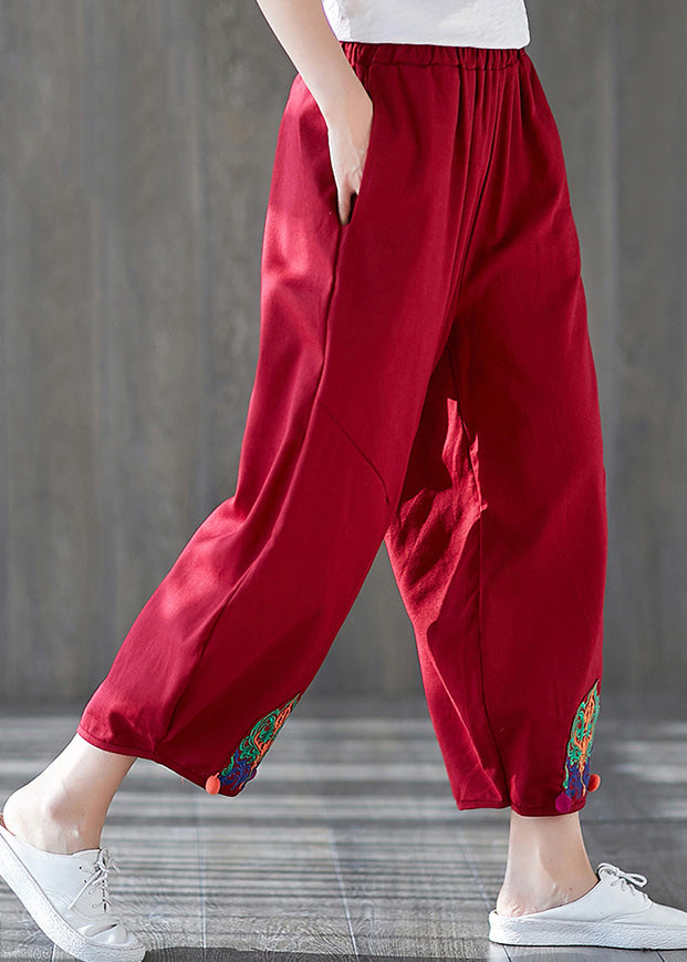 Unique Red Embroideried Wide Leg Pants Summer