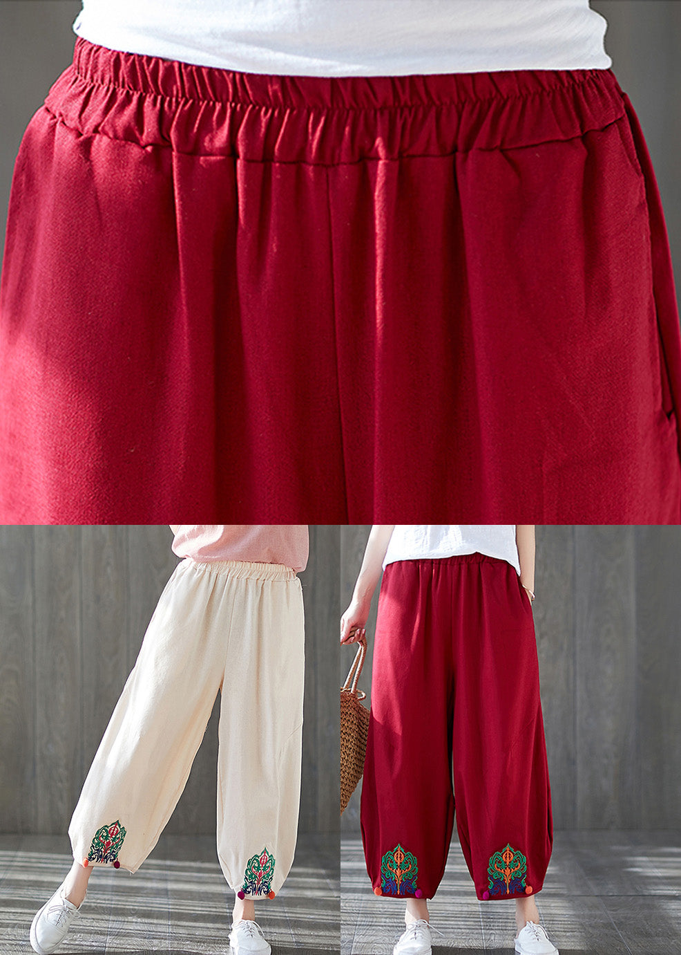 Unique Red Embroideried Wide Leg Pants Summer