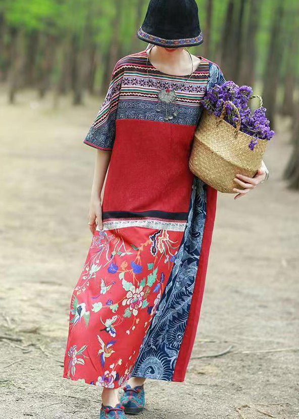 Unique Red Ethnic Style Patchwork Print Cotton Long Dress Short Sleeve