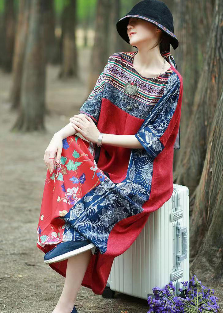 Unique Red Ethnic Style Patchwork Print Cotton Long Dress Short Sleeve