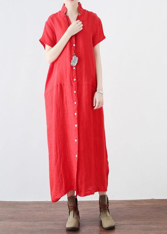 Unique Red Low High Design V Neck Linen Summer Robe - Omychic