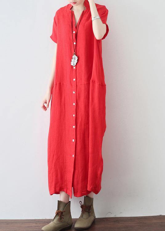 Unique Red Low High Design V Neck Linen Summer Robe - Omychic