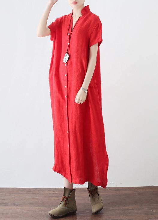 Unique Red Low High Design V Neck Linen Summer Robe - Omychic