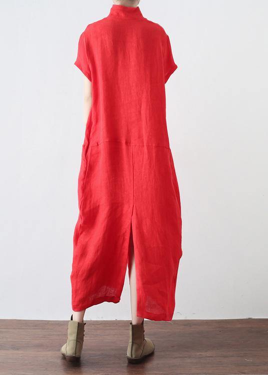 Unique Red Low High Design V Neck Linen Summer Robe - Omychic