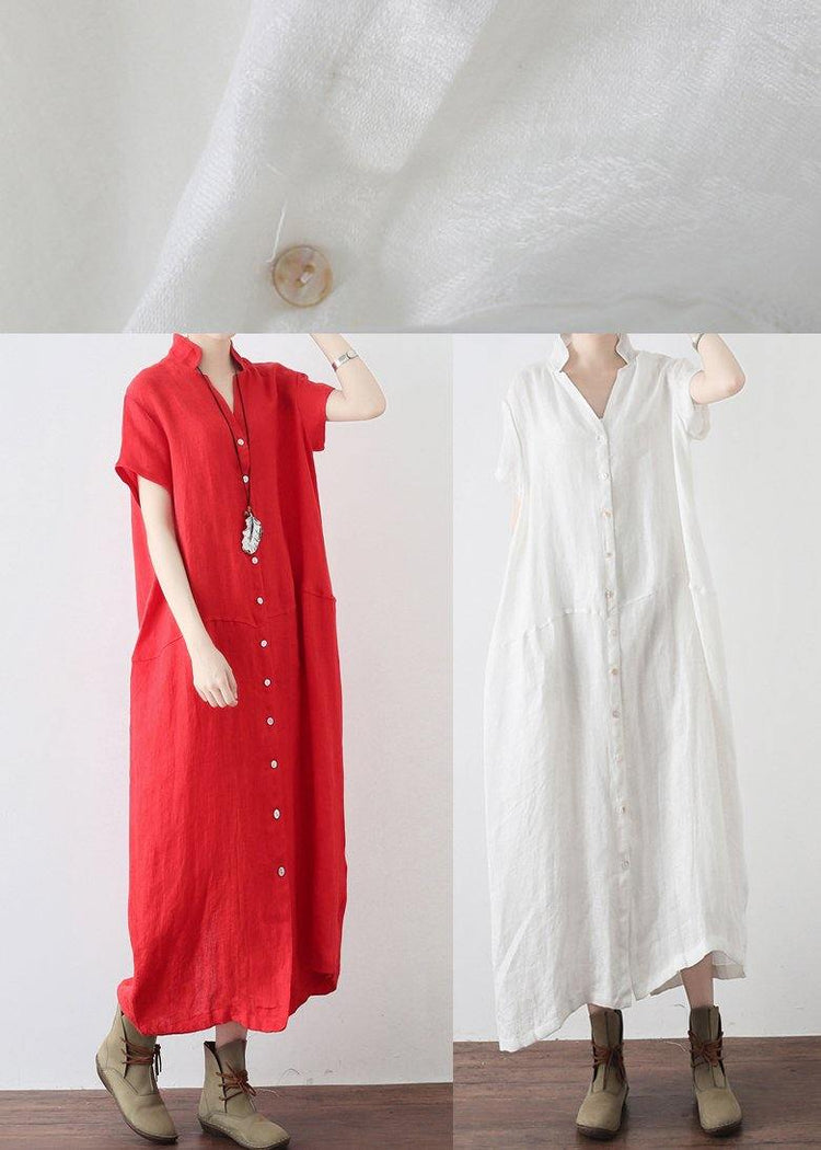 Unique Red Low High Design V Neck Linen Summer Robe - Omychic