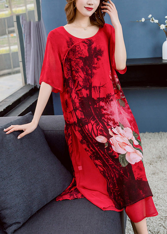 Unique Red O Neck Print Side Open Patchwork Chiffon Dress Summer