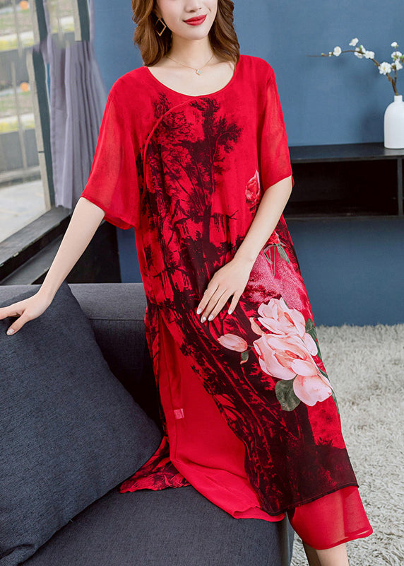 Unique Red O Neck Print Side Open Patchwork Chiffon Dress Summer