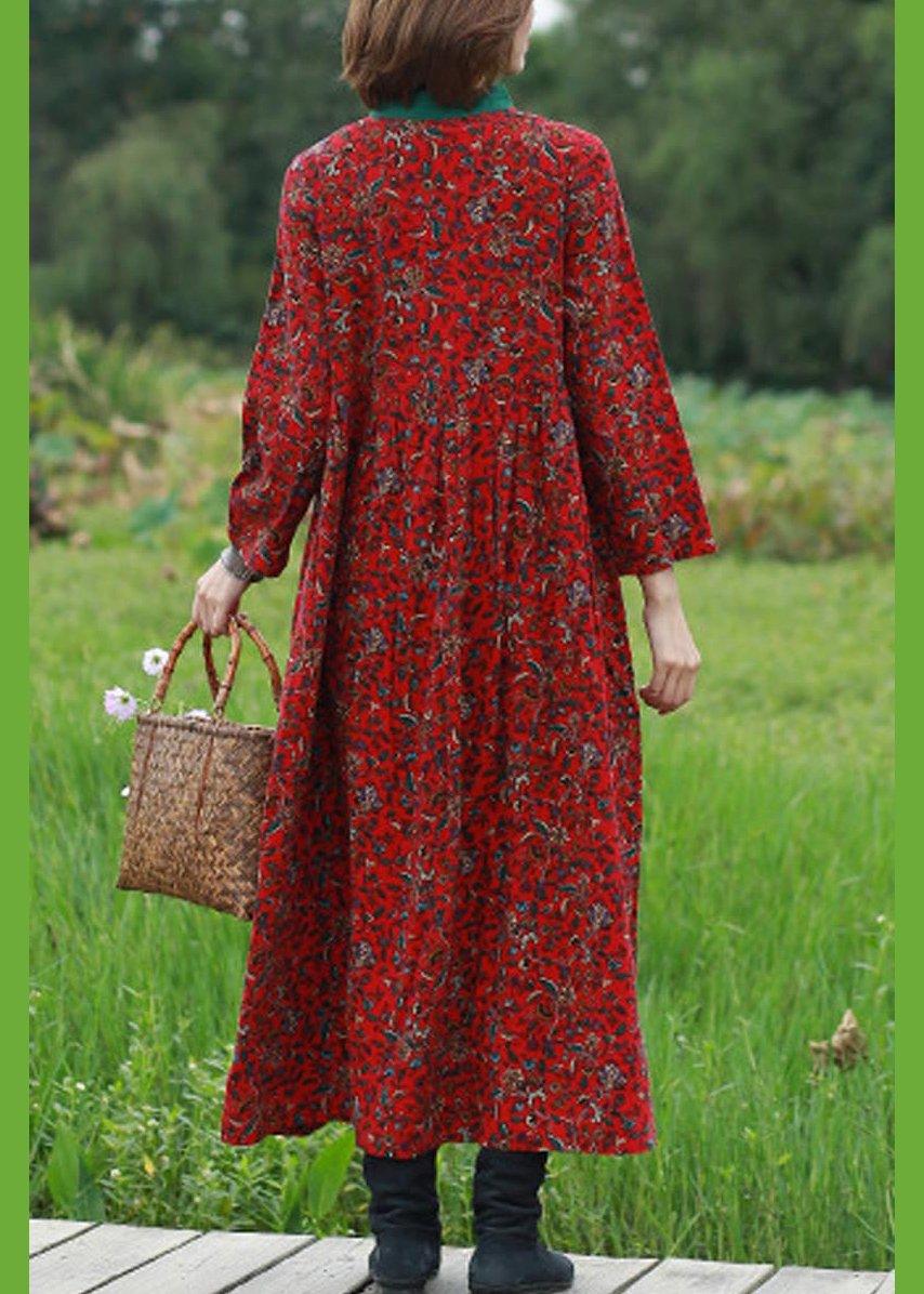 Unique Red Print Clothes Stand Collar Large Hem Art Spring Dress - Omychic