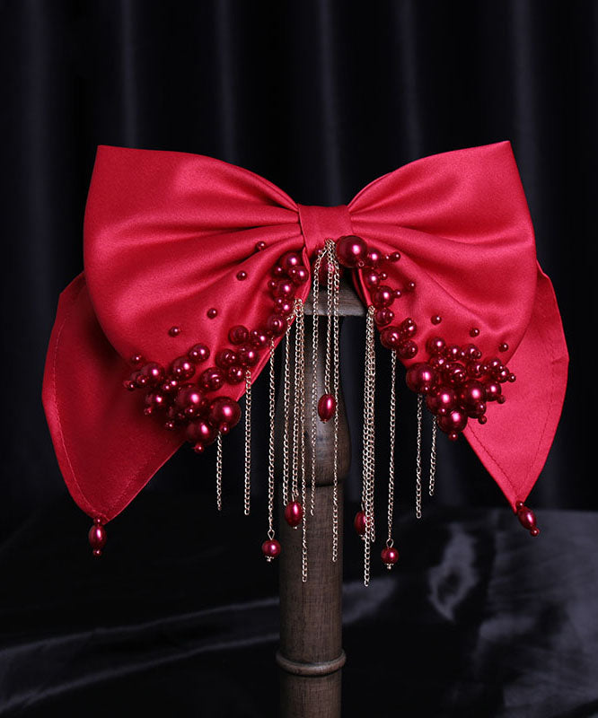 Unique Red Silk Cotton Pearl Bow Tassel Hairpin