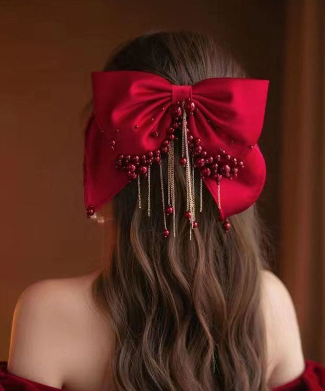 Unique Red Silk Cotton Pearl Bow Tassel Hairpin