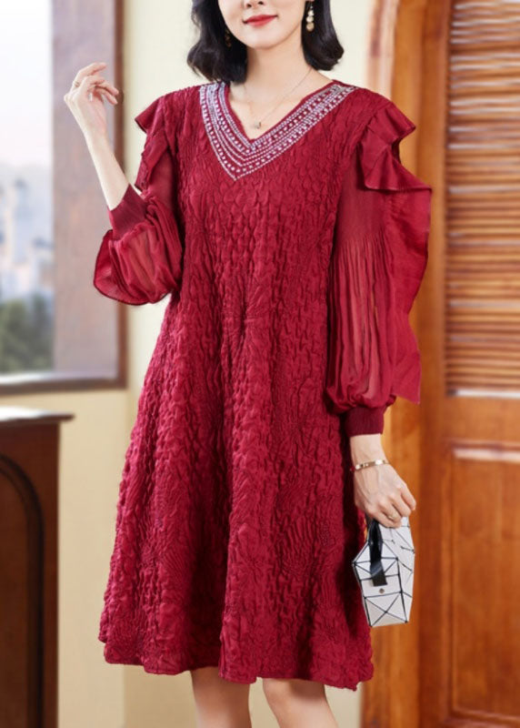 Unique Red V Neck Embroideried Ruffled Tulle Patchwork Zircon Mid Dresses Long Sleeve