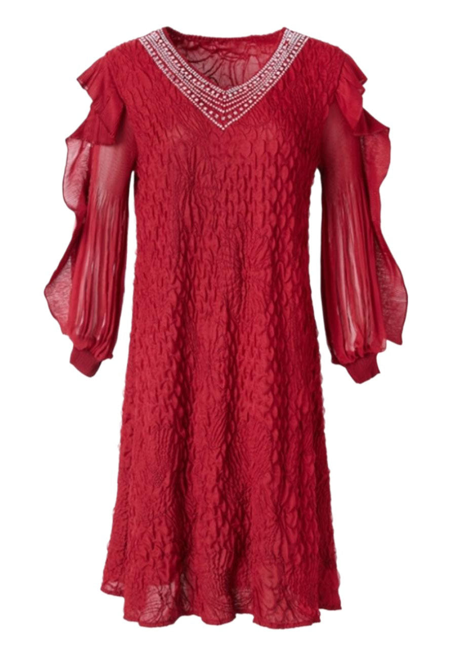 Unique Red V Neck Embroideried Ruffled Tulle Patchwork Zircon Mid Dresses Long Sleeve