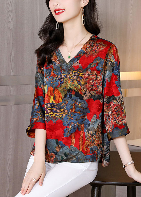 Unique Red V Neck Print Silk Blouse Tops Half Sleeve