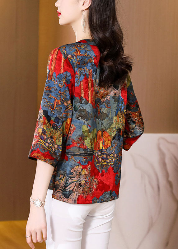 Unique Red V Neck Print Silk Blouse Tops Half Sleeve