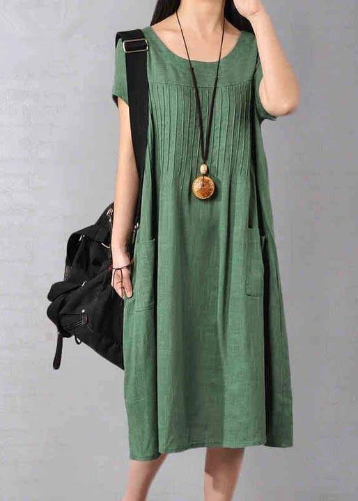 Unique Robes Women Cotton Linen Loose Fitting Short Sleeve Dress In Green - Omychic