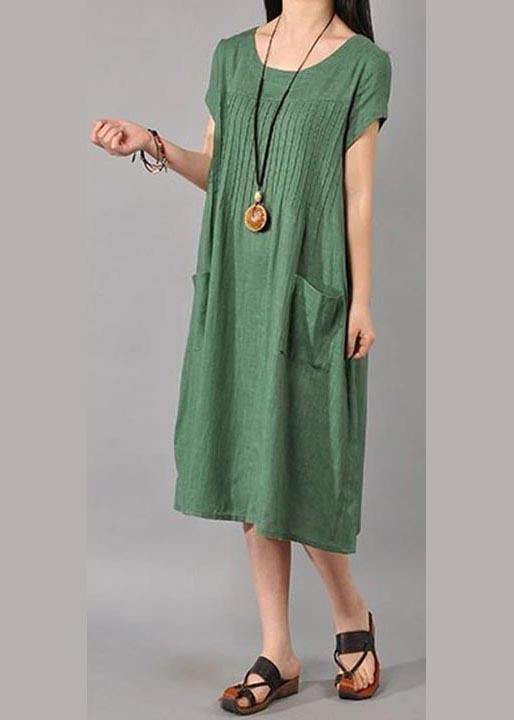 Unique Robes Women Cotton Linen Loose Fitting Short Sleeve Dress In Green - Omychic