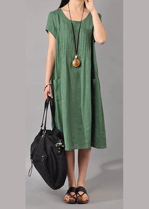 Unique Robes Women Cotton Linen Loose Fitting Short Sleeve Dress In Green - Omychic