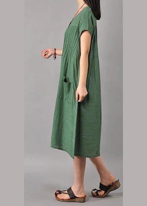 Unique Robes Women Cotton Linen Loose Fitting Short Sleeve Dress In Green - Omychic