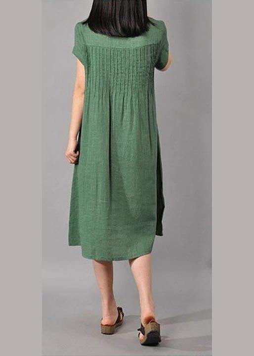 Unique Robes Women Cotton Linen Loose Fitting Short Sleeve Dress In Green - Omychic