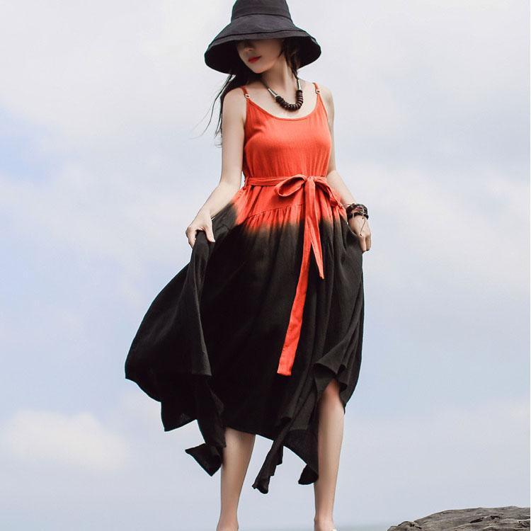 Unique Spaghetti Strap asymmetric cotton tunics for women Work orange Maxi Dresses summer - Omychic