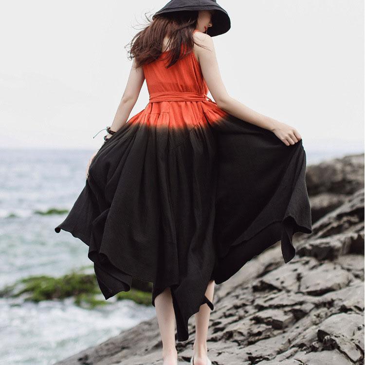 Unique Spaghetti Strap asymmetric cotton tunics for women Work orange Maxi Dresses summer - Omychic