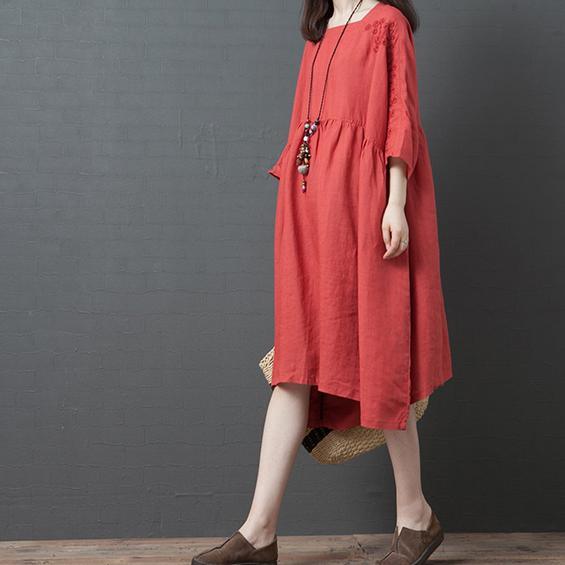 Unique Square Collar linen clothes design red embroidery Dress summer - Omychic