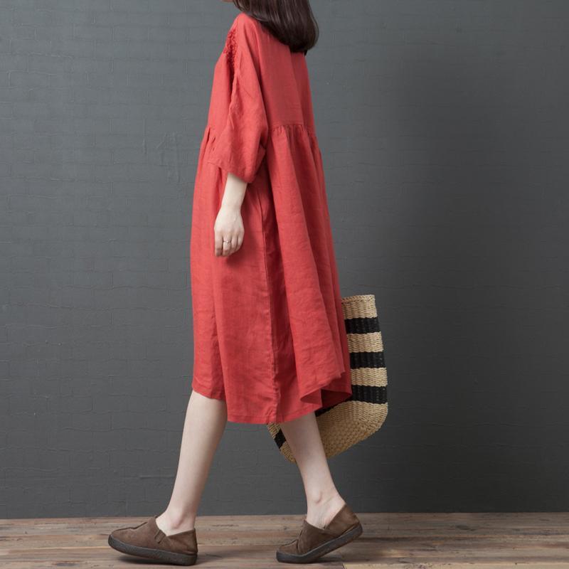 Unique Square Collar linen clothes design red embroidery Dress summer - Omychic