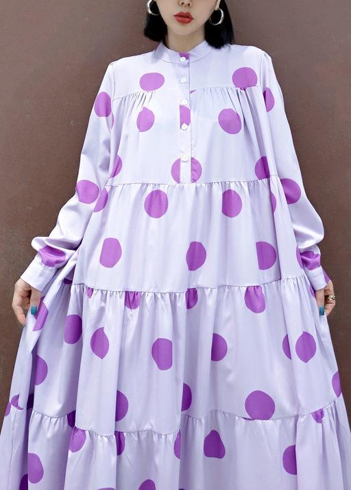 Unique Stand Collar Cinched Spring Outfit Photography Purple Dotted Loose Dresses - Omychic