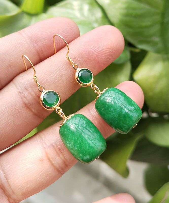 Unique Sterling Silver Overgild Dry Green Jade Drop Earrings