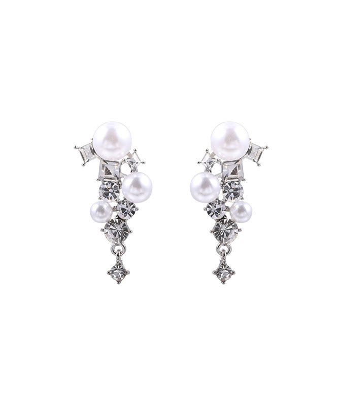 Unique Sterling Silver Pearl Zircon Geometry Tassel Drop Earrings