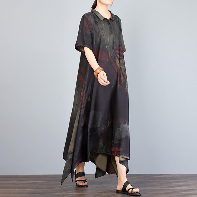 Unique Tunics Casual Stand Collar Irregular Loose Print Dress - Omychic
