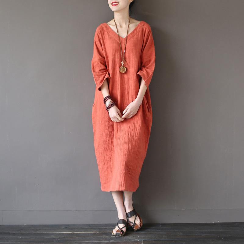 Unique Wardrobes Korea wrinkled Sewing orange Traveling V neck Dresses - Omychic