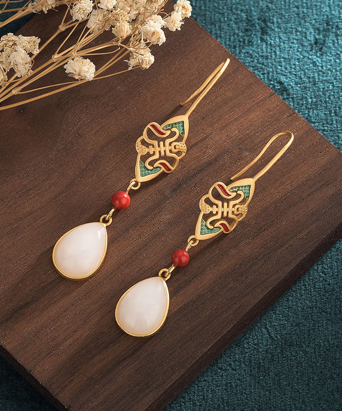 Unique White Ancient Gold Inlaid Jade Enamel Dropwise Glaze Drop Earrings