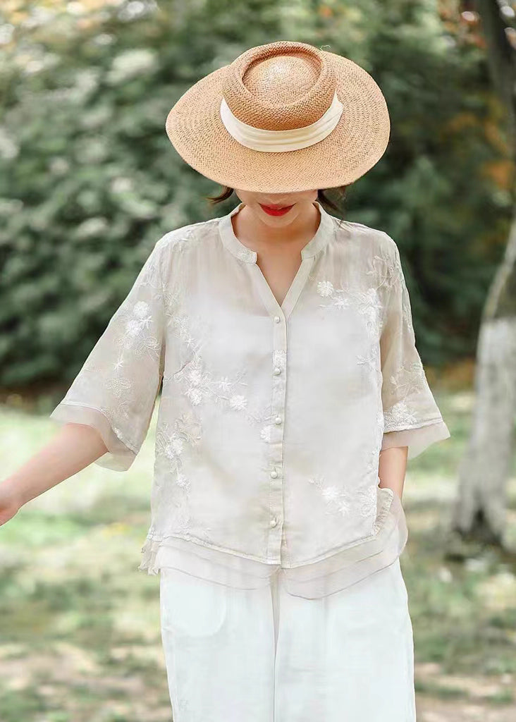 Unique White Embroideried Patchwork Linen Blouse Top Summer