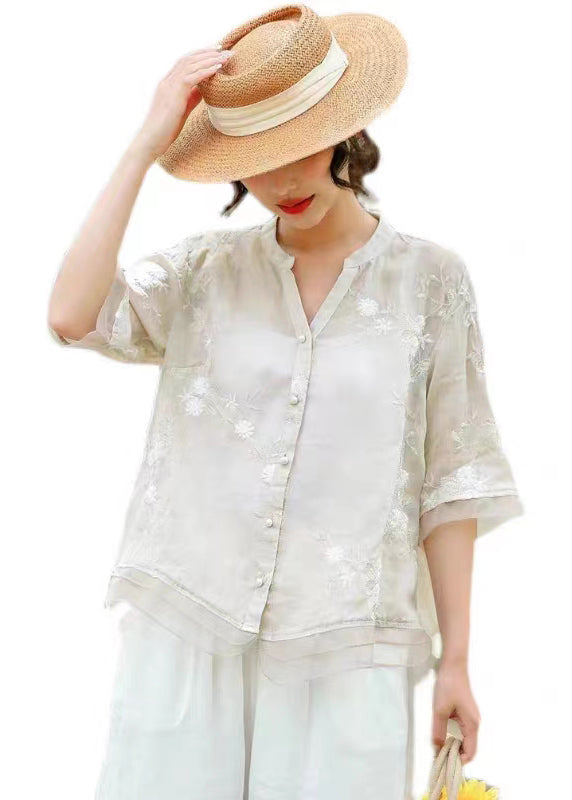 Unique White Embroideried Patchwork Linen Blouse Top Summer
