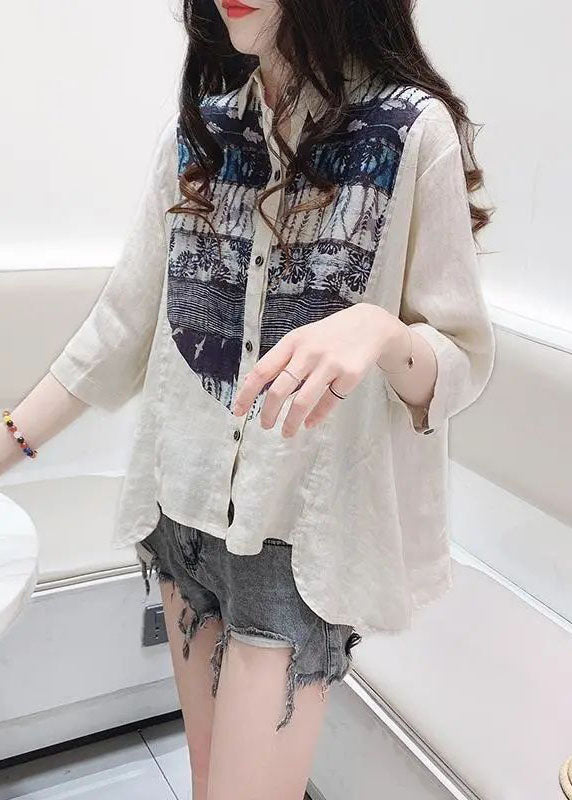 Unique White Oversized Patchwork Print Linen Shirt Top Half Sleeve