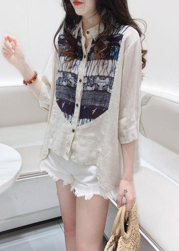 Unique White Oversized Patchwork Print Linen Shirt Top Half Sleeve