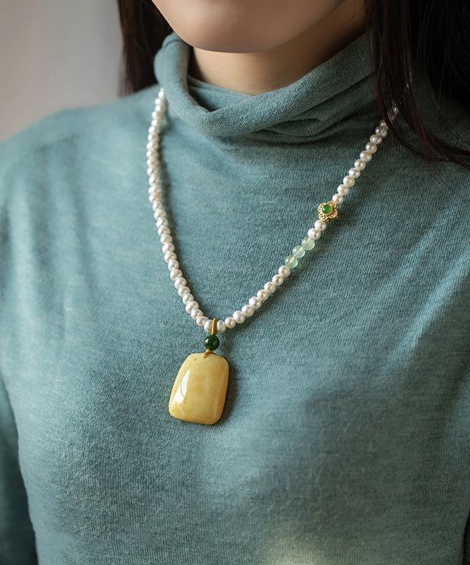 Unique White Pearl Jade Grape Stone Beeswax Pendant Necklace